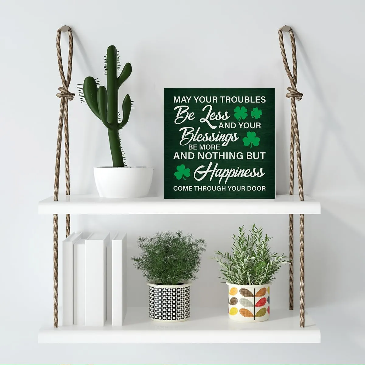 St. Patricks Day Decor May Your Troubles Be Less and Your Blessings Be More Wooden Sign Home Decor for Desk Table Shelf 5 x 5 Inches, Irish Blessings Decorations