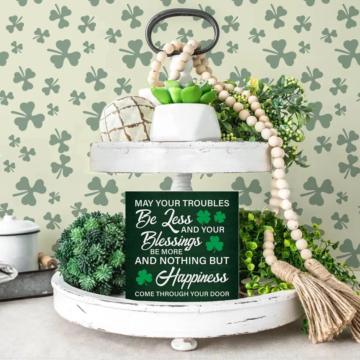 St. Patricks Day Decor May Your Troubles Be Less and Your Blessings Be More Wooden Sign Home Decor for Desk Table Shelf 5 x 5 Inches, Irish Blessings Decorations