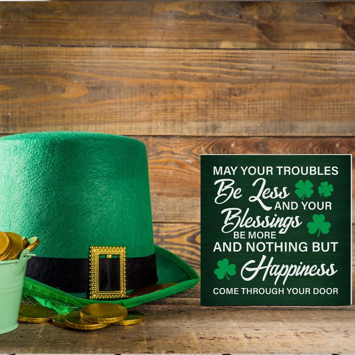 St. Patricks Day Decor May Your Troubles Be Less and Your Blessings Be More Wooden Sign Home Decor for Desk Table Shelf 5 x 5 Inches, Irish Blessings Decorations