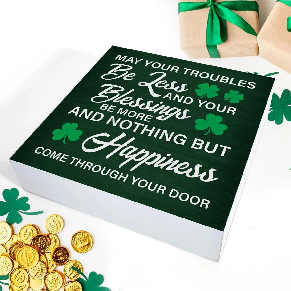 St. Patricks Day Decor May Your Troubles Be Less and Your Blessings Be More Wooden Sign Home Decor for Desk Table Shelf 5 x 5 Inches, Irish Blessings Decorations