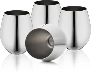 Stemless Stainless Steel Wine Glasses Set of 4, 18oz Unbreakable Metal Wine Glass, Fancy, Unique Wine Goblets for Outdoor, Travel, Camping and Pool, Ideal Gift for Wine Lovers (Silver)