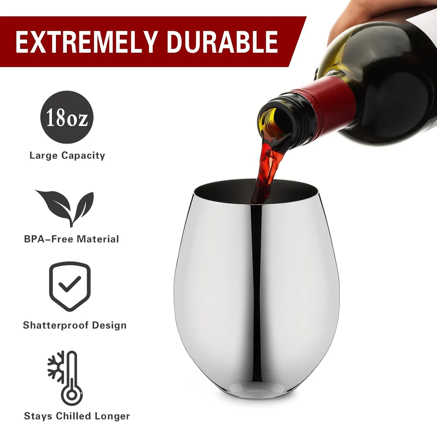 Stemless Stainless Steel Wine Glasses Set of 4, 18oz Unbreakable Metal Wine Glass, Fancy, Unique Wine Goblets for Outdoor, Travel, Camping and Pool, Ideal Gift for Wine Lovers (Silver)