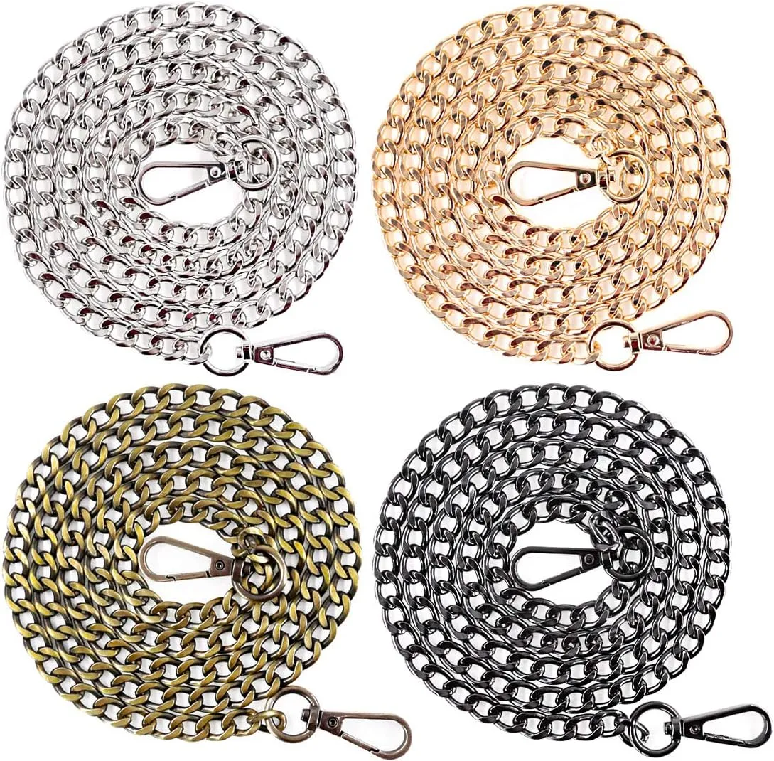 Swpeet 4Pcs Luxury Fashion 47 Inche Replacement Flat Chain Strap with Buckles Set, Perfect for DIY Metal Shoulder Cross Body Bag Hand Bag Purse Replacement （ Gold   Silver  Bronze   Gun-Black