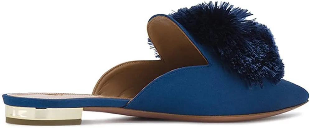 Tanaoen Mules for Women, Puff Pompom-Embellished Slip On Loafers Backless Pointed Toe Satin Mule Slides