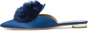 Tanaoen Mules for Women, Puff Pompom-Embellished Slip On Loafers Backless Pointed Toe Satin Mule Slides