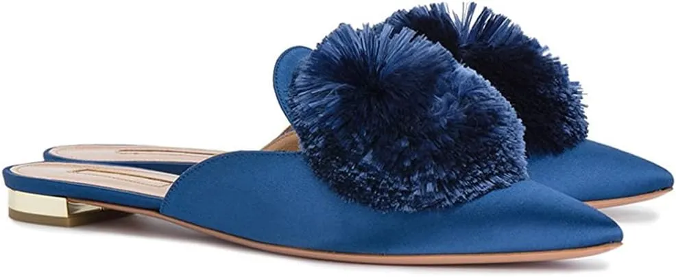 Tanaoen Mules for Women, Puff Pompom-Embellished Slip On Loafers Backless Pointed Toe Satin Mule Slides