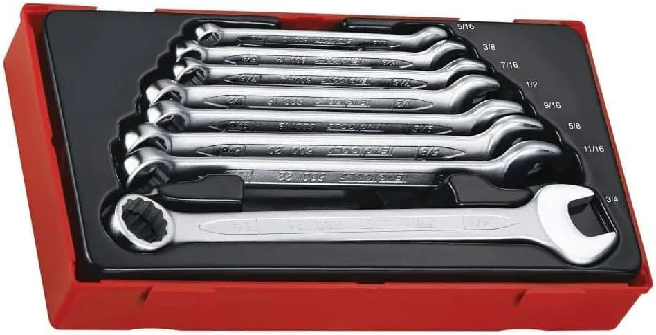 Teng Tools 8 Piece 12 Point SAE Combination Wrench Set (5/16 Inch-3/4 Inch) - TT3592, Silver
