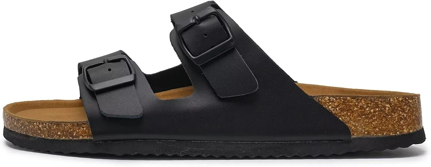 Torotto Genuine Leather Mens Slides with Cork Footbed Open Toe Adjustable Webbing Flat Sandals for Walking | Beach | Indoor