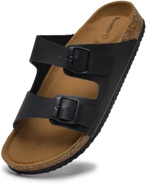 Torotto Genuine Leather Mens Slides with Cork Footbed Open Toe Adjustable Webbing Flat Sandals for Walking | Beach | Indoor