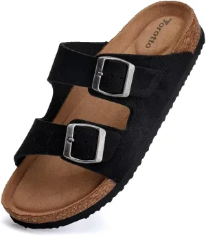 Torotto Mens Slides with Cork Footbed Open Toe Adjustable Webbing Flat Sandals for Walking | Beach | Indoor