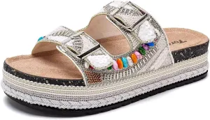 Torotto Womens Slides with Cork Footbed Open Toe Adjustable Webbing Flat Sandals for Walking | Beach | Indoor