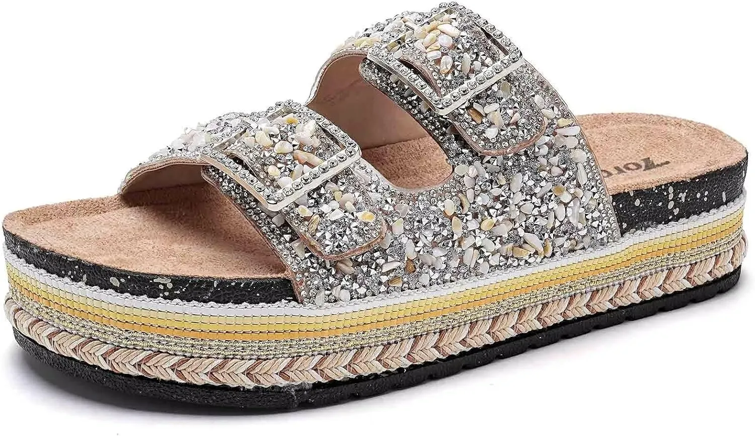 Torotto Womens Slides with Cork Footbed Open Toe Adjustable Webbing Flat Sandals for Walking | Beach | Indoor