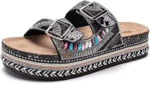 Torotto Womens Slides with Cork Footbed Open Toe Adjustable Webbing Flat Sandals for Walking | Beach | Indoor