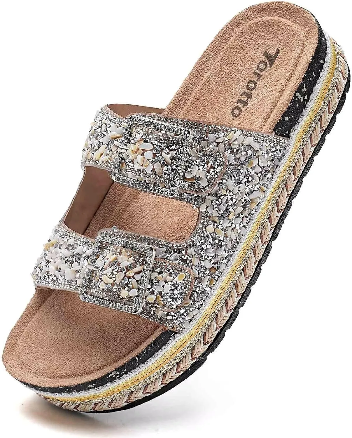 Torotto Womens Slides with Cork Footbed Open Toe Adjustable Webbing Flat Sandals for Walking | Beach | Indoor