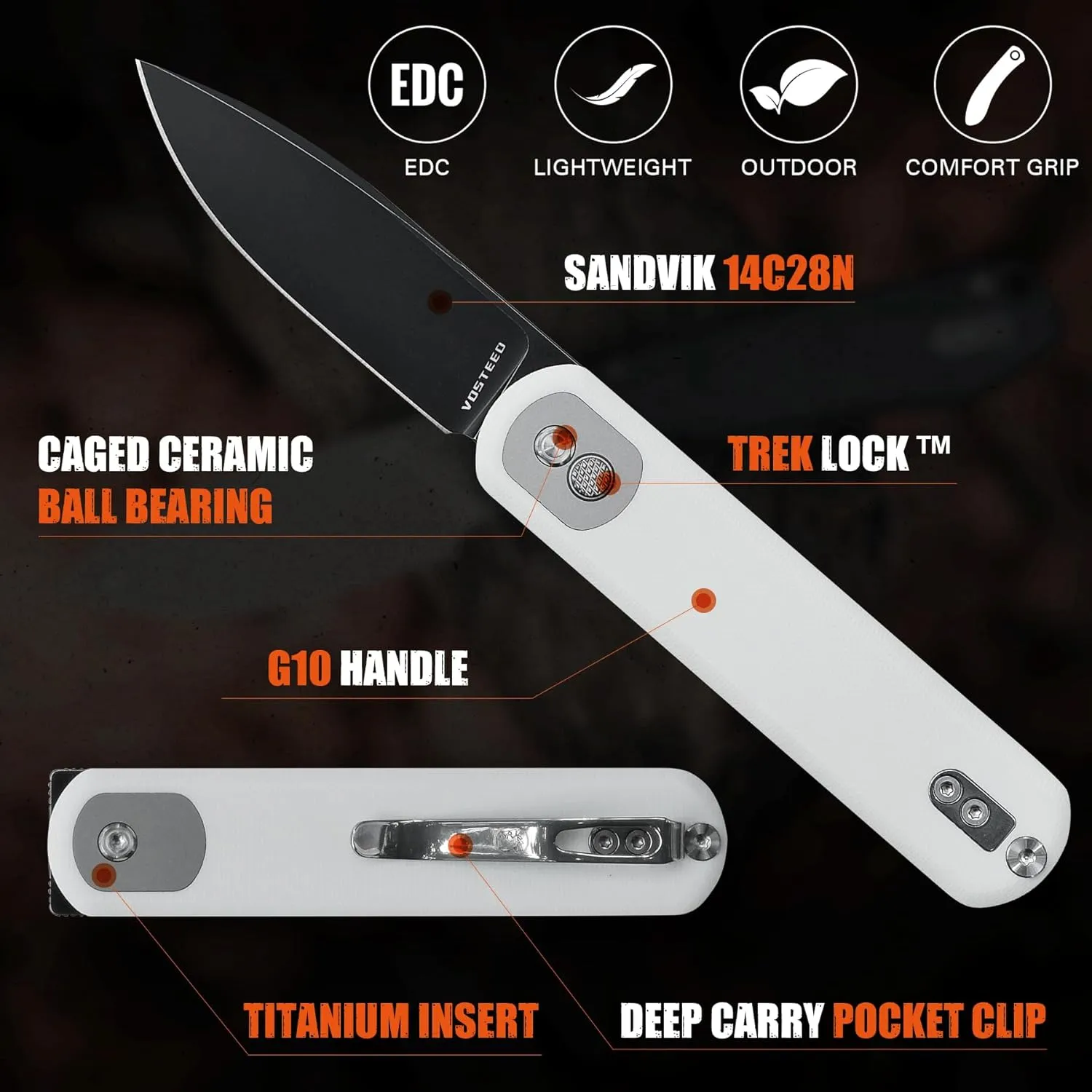 Vosteed Corgi Small Folding Knife, Flipper Knife with Clip for Men Women Gifts, Patented Trek Lock Pocket Knife 2.99" Sandvik 14C29N Blade, G10 Handle for EDC