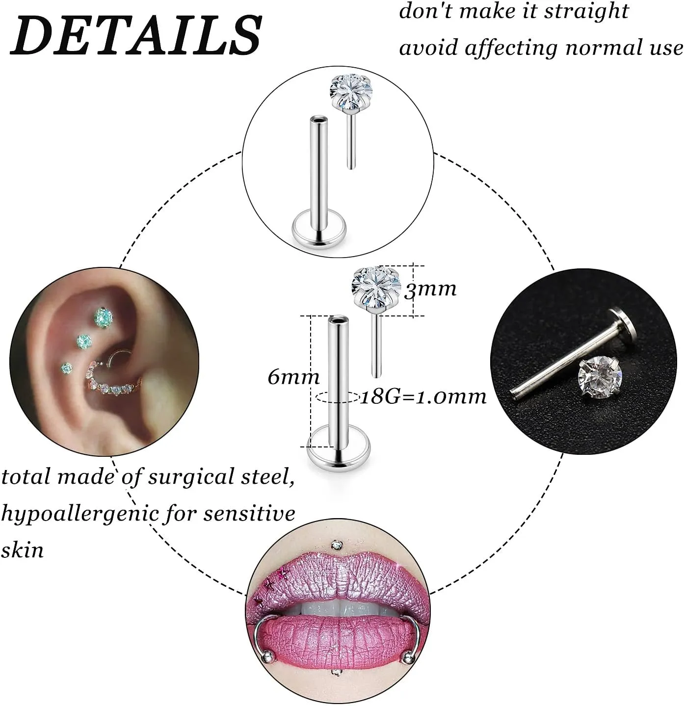 Vsnnsns 14K Gold Plated 16G 18G 20G Threadless Nose Rings Studs Flat Back Earrings Stainless Steel Tragus Helix Conch Earrings Stud Snake Bite Lip Rings Labret Medusa Piercing Jewelry for Women Men