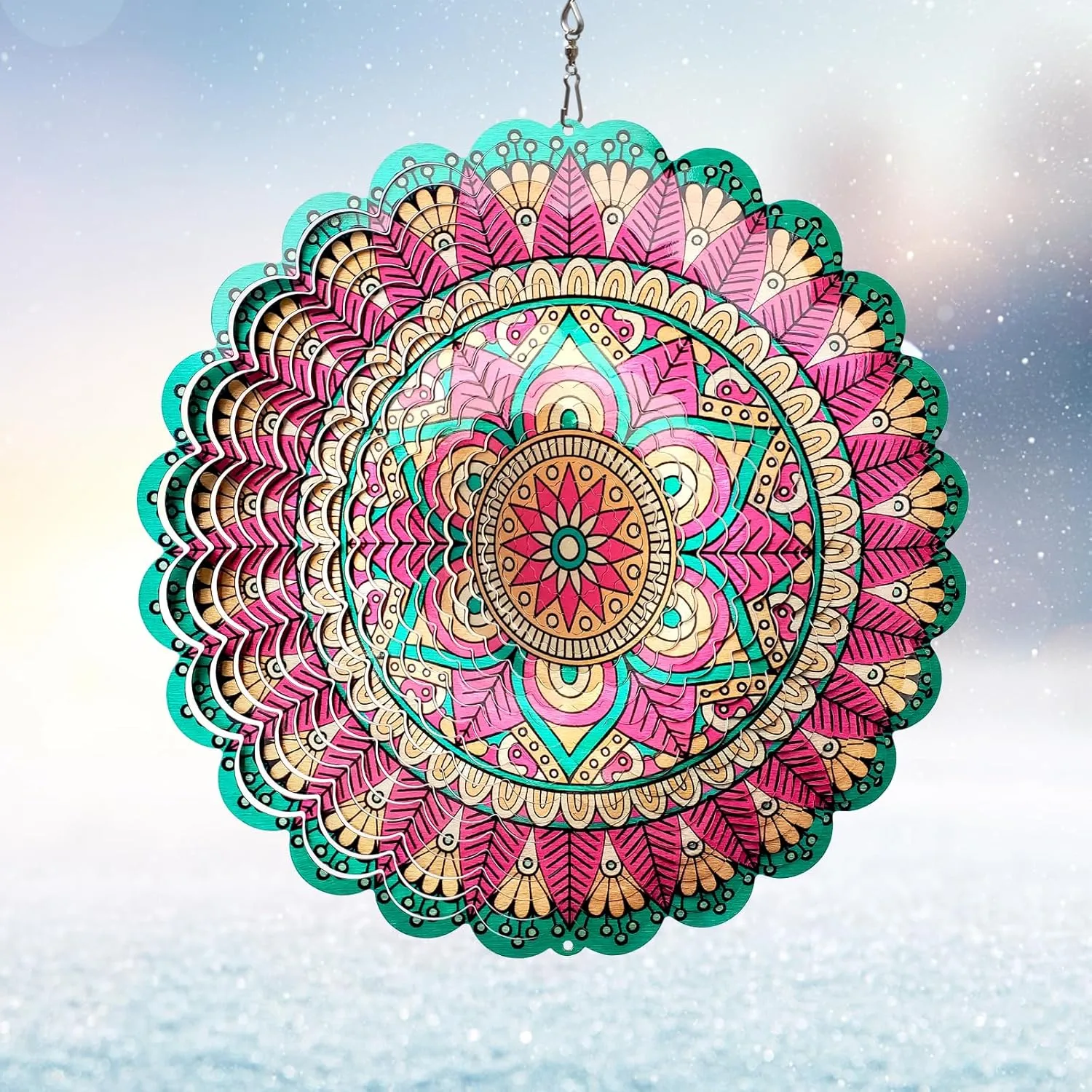 Wind Spinner Mandala Manjusaka - 12Inch Laser Cut Stainless Steel Wind Spinners for Yard and Garden, 3D Hanging Wind Sculpture, Kinetic Metal Art Ornament Indoor/Outdoor Décor Creative Gifts