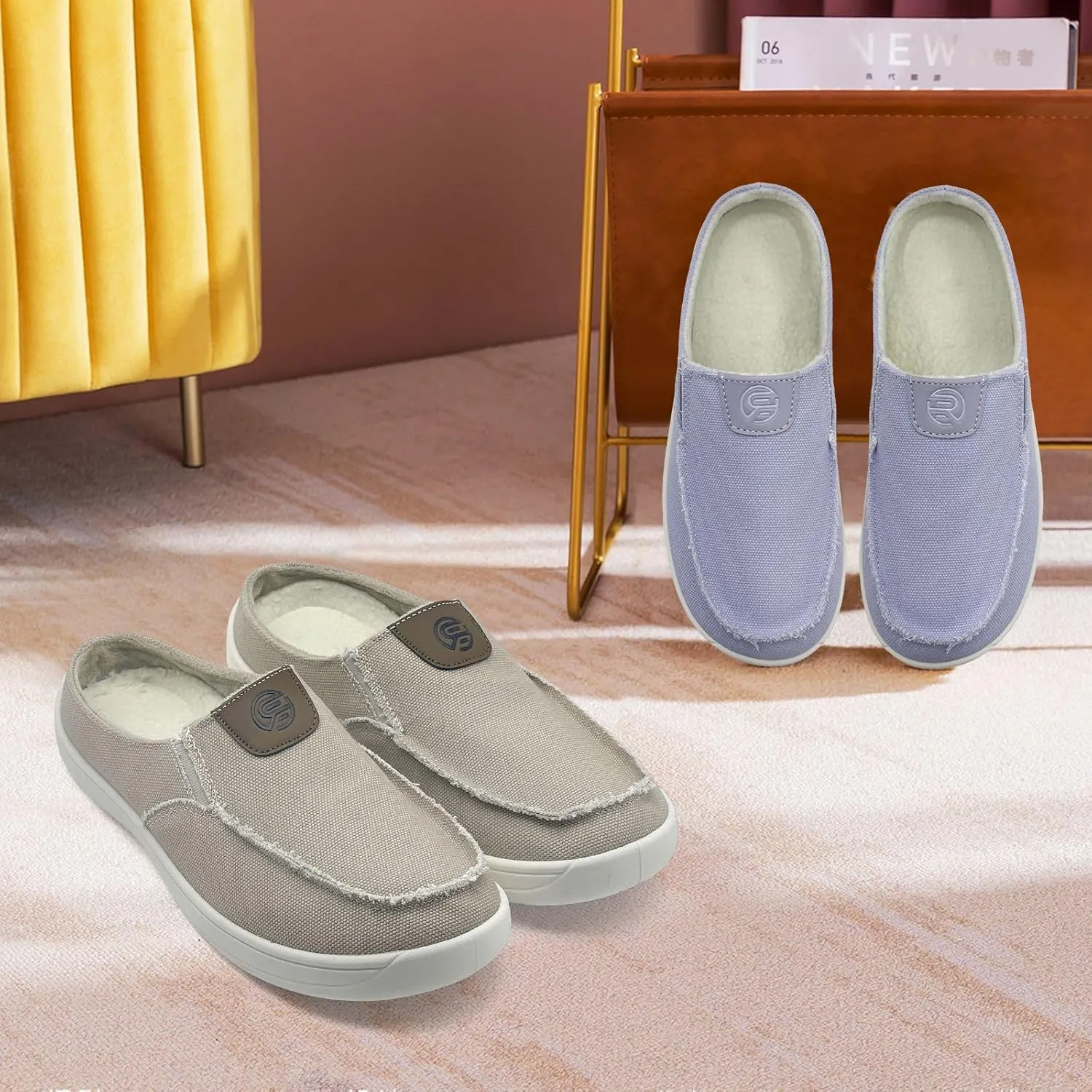 Women Mens Mules Sneakers Winter Warm with Fur Lined Slip-on Mules Slippers Indoor Outdoor Comfort Walking Canvas