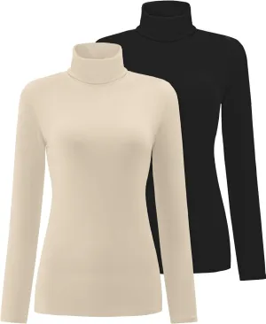 Women's 2 Pack Long Sleeve Turtleneck Thermal T-Shirts Mock Neck Underwear Fall Winter Base Layer Lightweight Tops