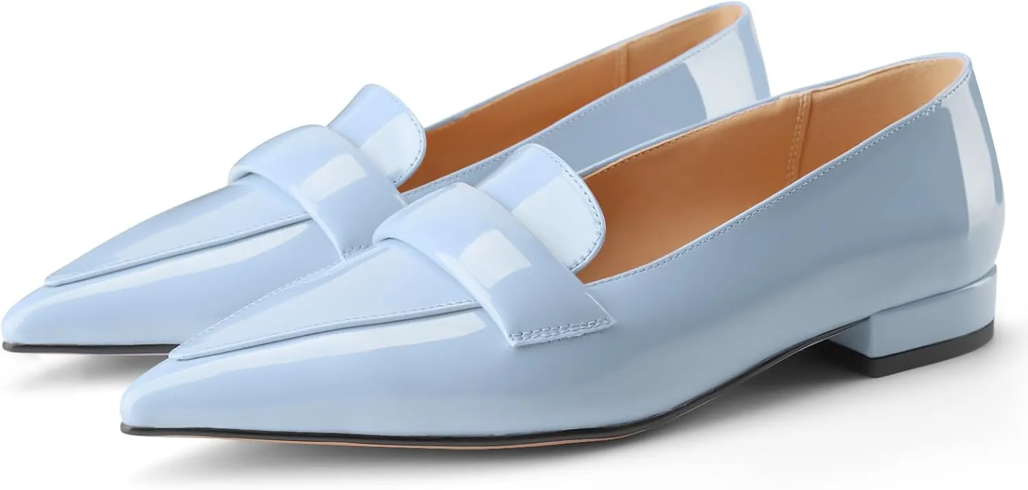 Women's Closed Pointed Toe Penny Loafers Shoes Black Patent Leather Comfortable Slip On Work Business Dressy Classic Flats Shoes