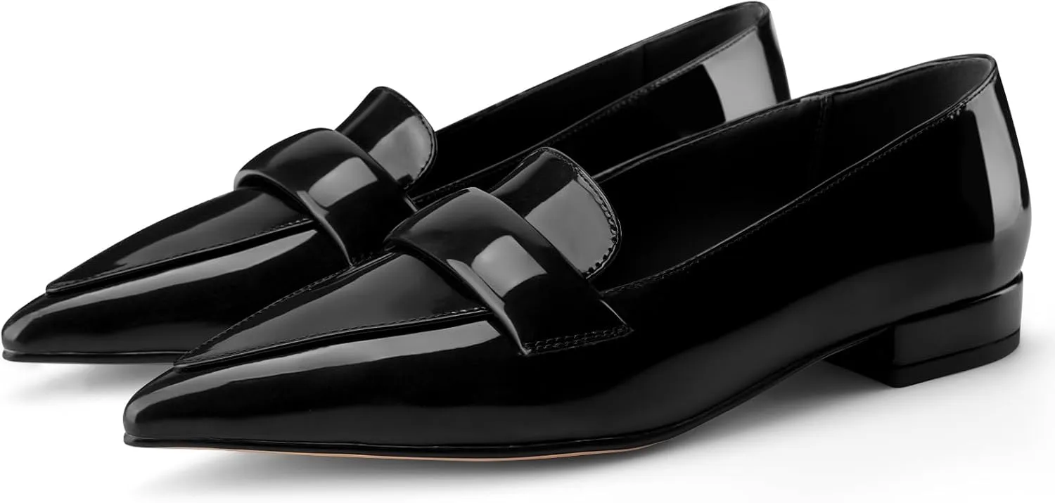 Women's Closed Pointed Toe Penny Loafers Shoes Black Patent Leather Comfortable Slip On Work Business Dressy Classic Flats Shoes