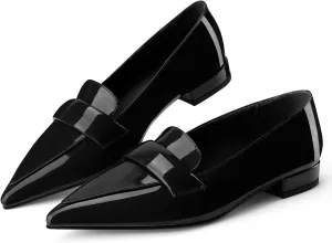 Women's Closed Pointed Toe Penny Loafers Shoes Black Patent Leather Comfortable Slip On Work Business Dressy Classic Flats Shoes