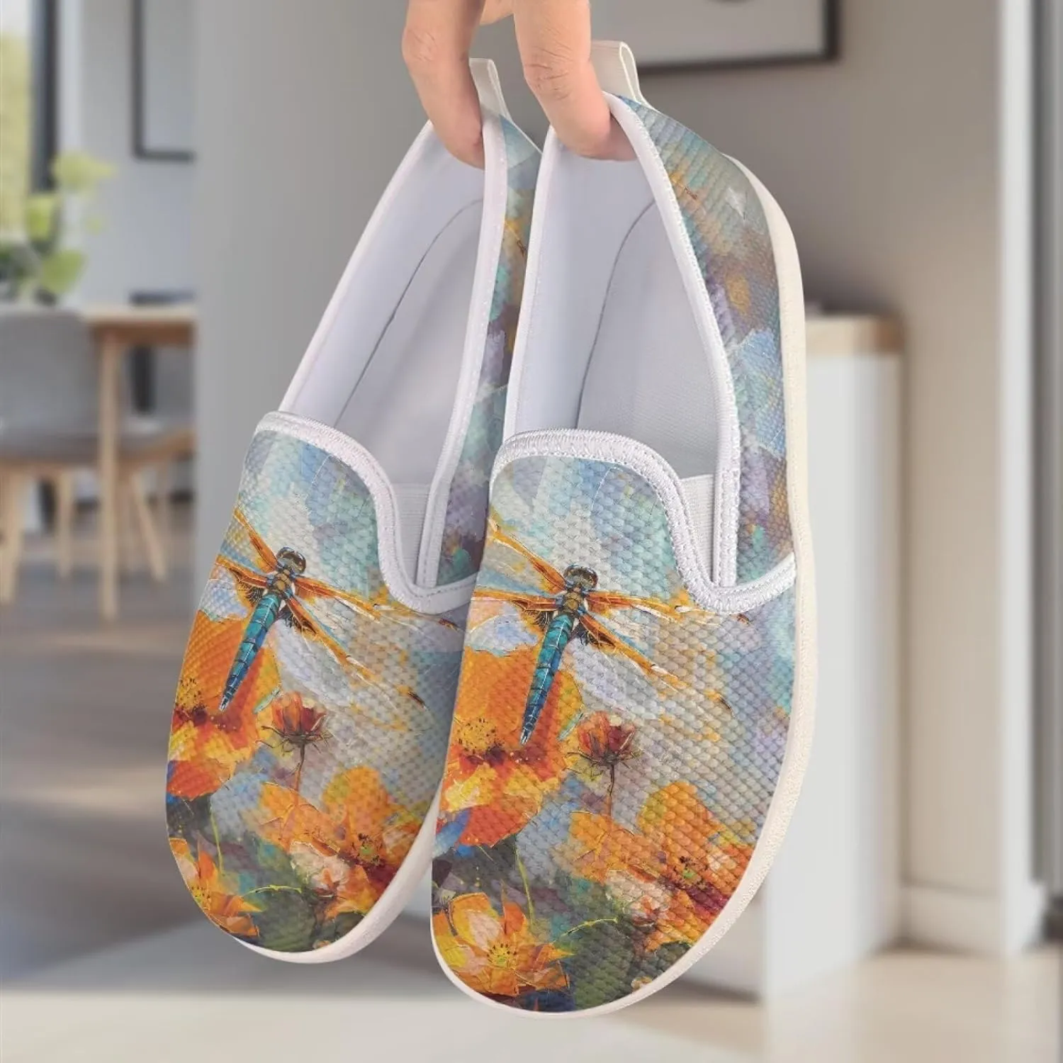Womens Dragonfly Print Walking Flat Shoes Mesh Hiking Loafer Wide Toe Travel Outdoor Leisure Shoes