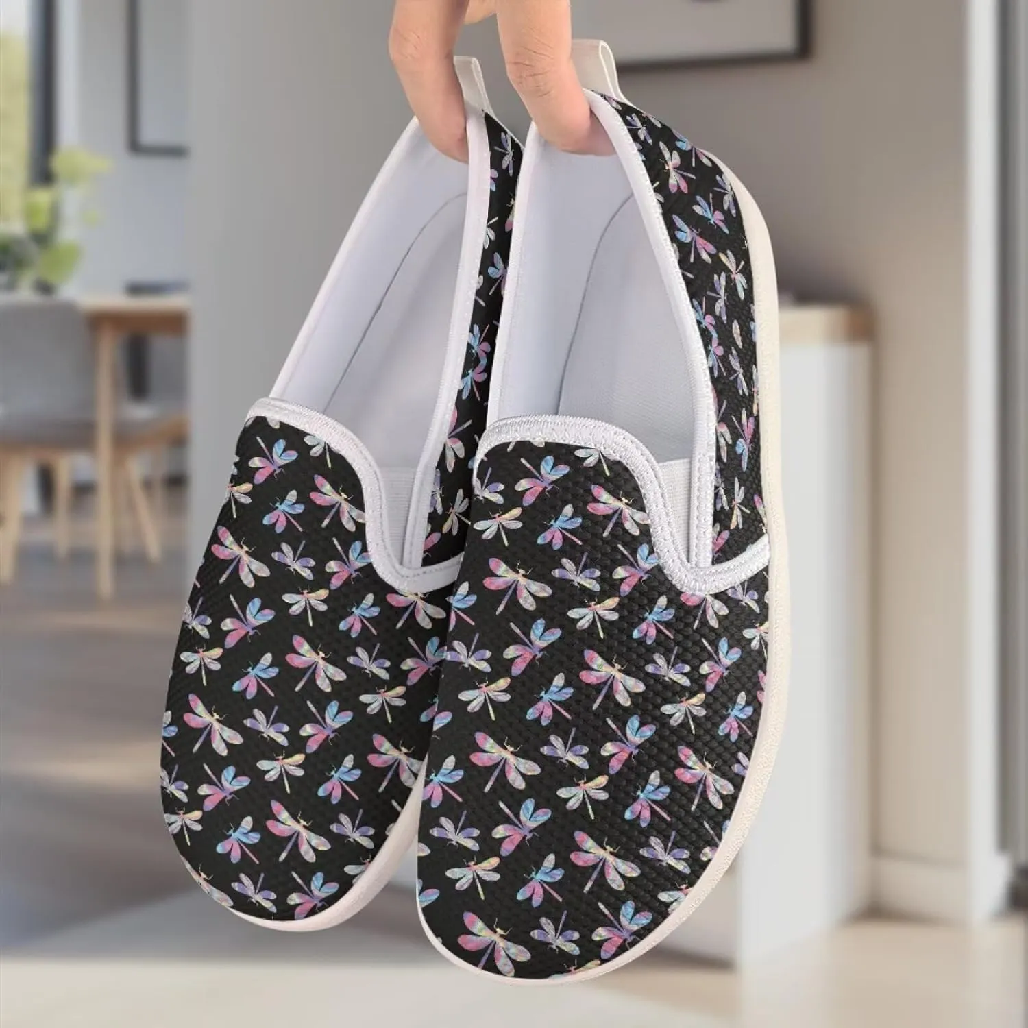 Womens Dragonfly Print Walking Flat Shoes Mesh Hiking Loafer Wide Toe Travel Outdoor Leisure Shoes