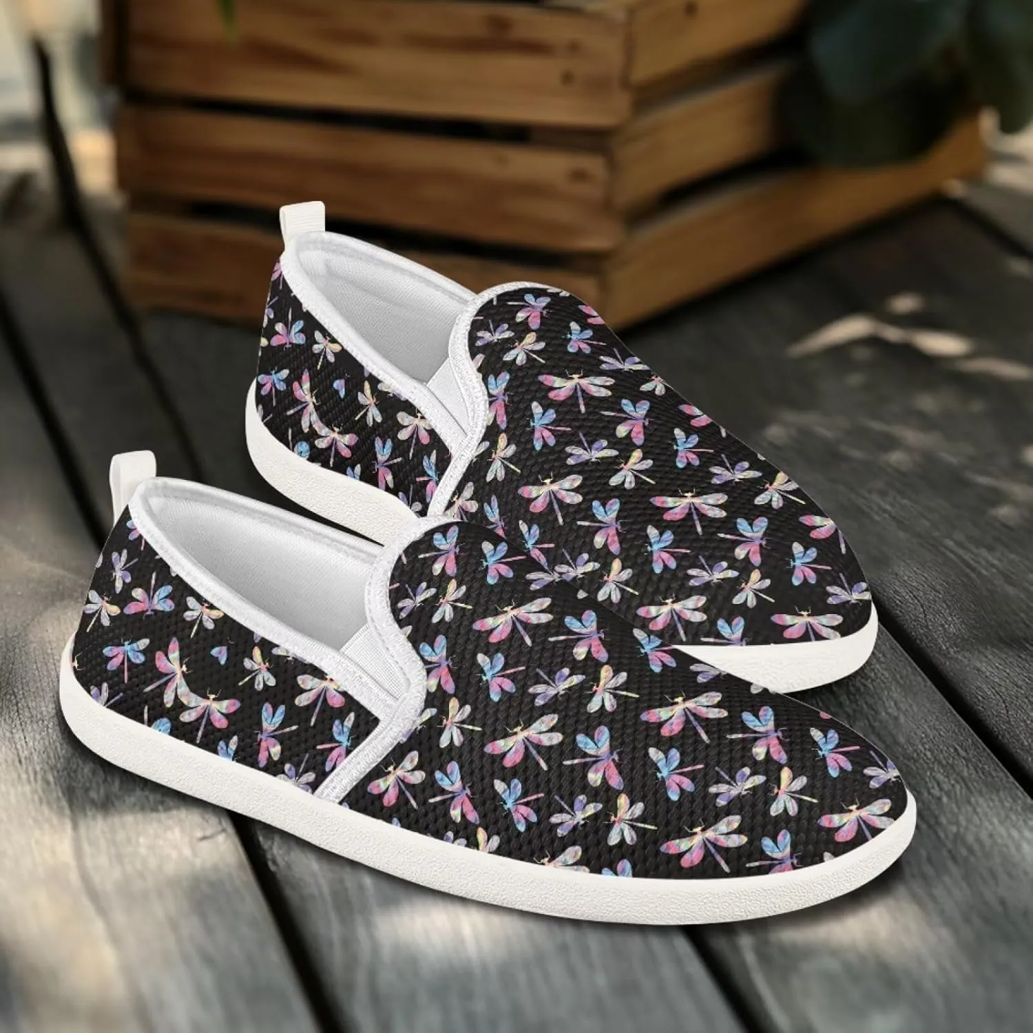 Womens Dragonfly Print Walking Flat Shoes Mesh Hiking Loafer Wide Toe Travel Outdoor Leisure Shoes