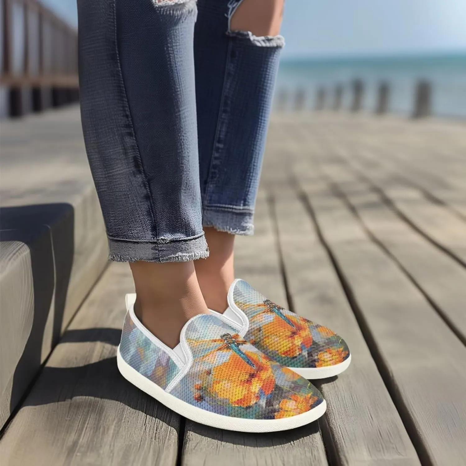 Womens Dragonfly Print Walking Flat Shoes Mesh Hiking Loafer Wide Toe Travel Outdoor Leisure Shoes