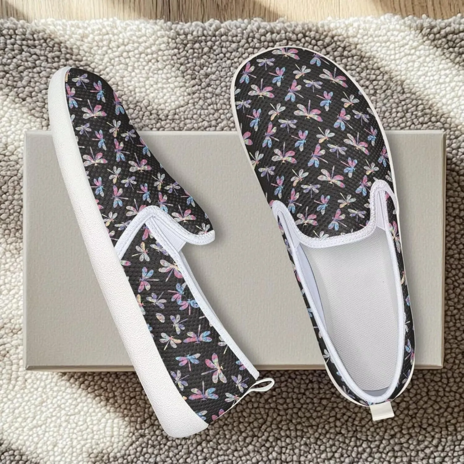 Womens Dragonfly Print Walking Flat Shoes Mesh Hiking Loafer Wide Toe Travel Outdoor Leisure Shoes