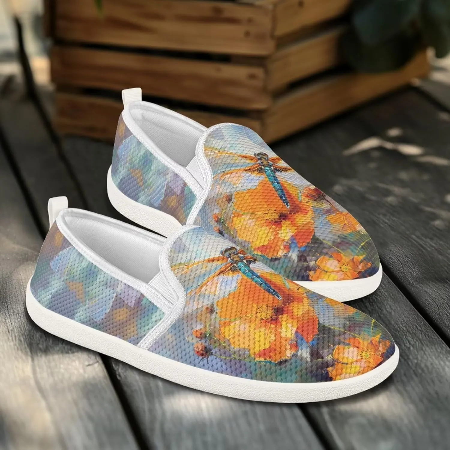 Womens Dragonfly Print Walking Flat Shoes Mesh Hiking Loafer Wide Toe Travel Outdoor Leisure Shoes