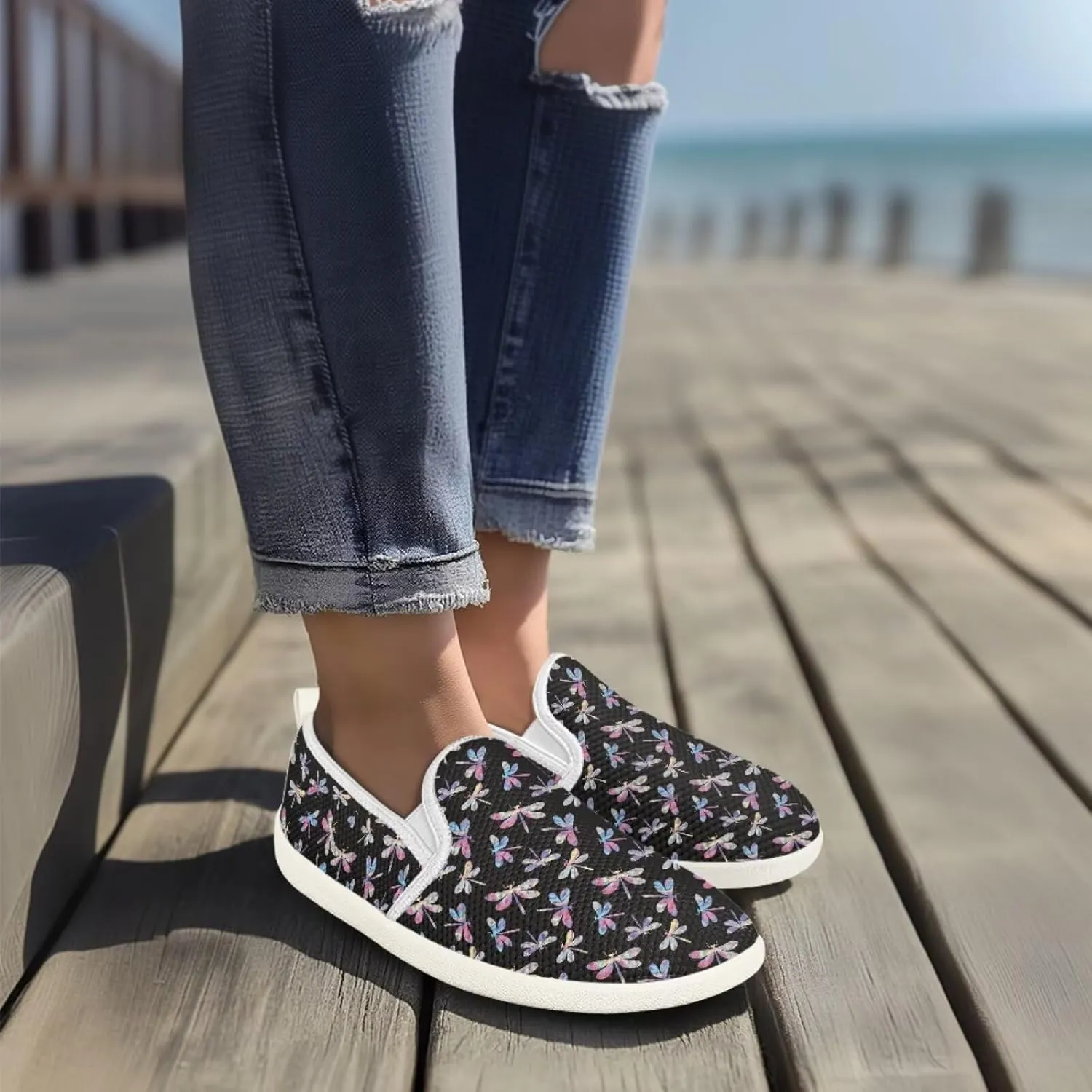 Womens Dragonfly Print Walking Flat Shoes Mesh Hiking Loafer Wide Toe Travel Outdoor Leisure Shoes