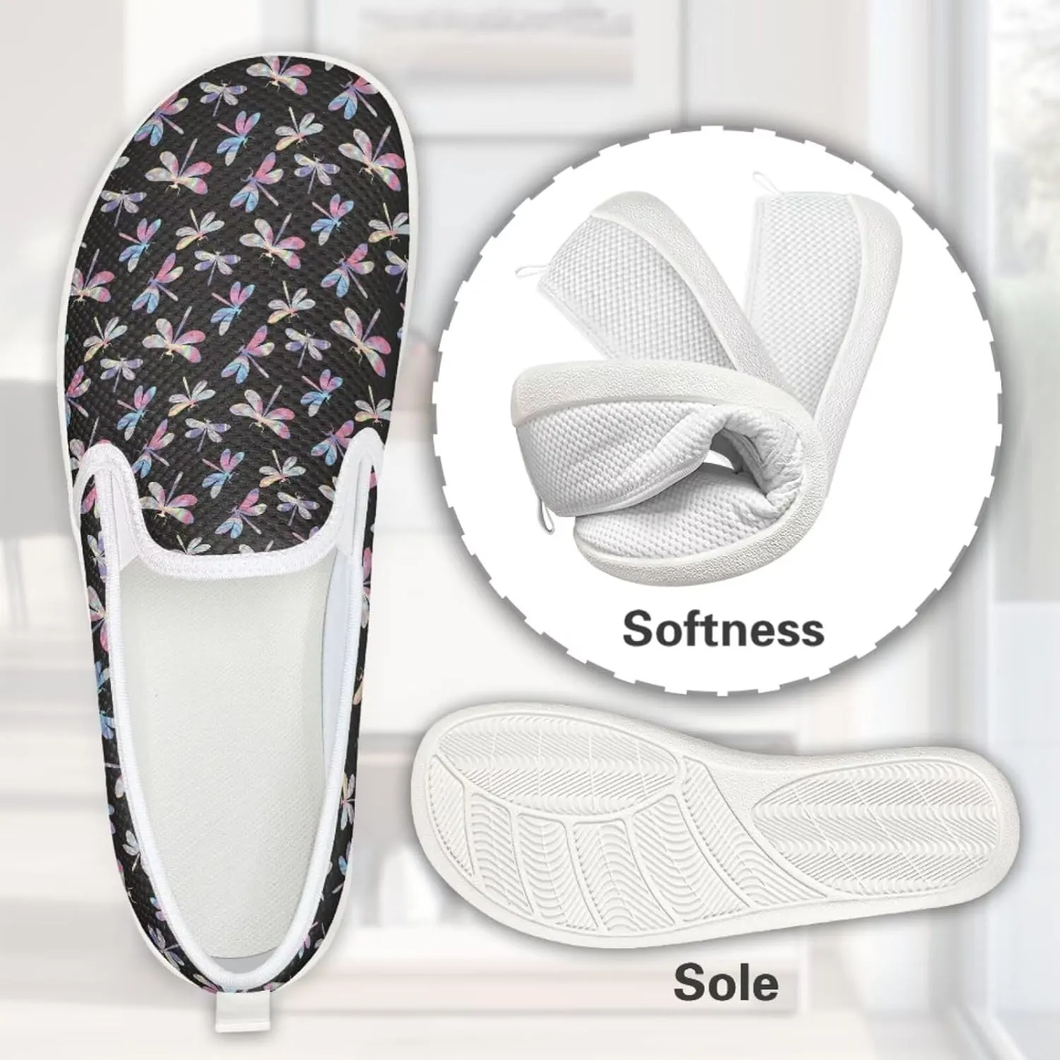 Womens Dragonfly Print Walking Flat Shoes Mesh Hiking Loafer Wide Toe Travel Outdoor Leisure Shoes