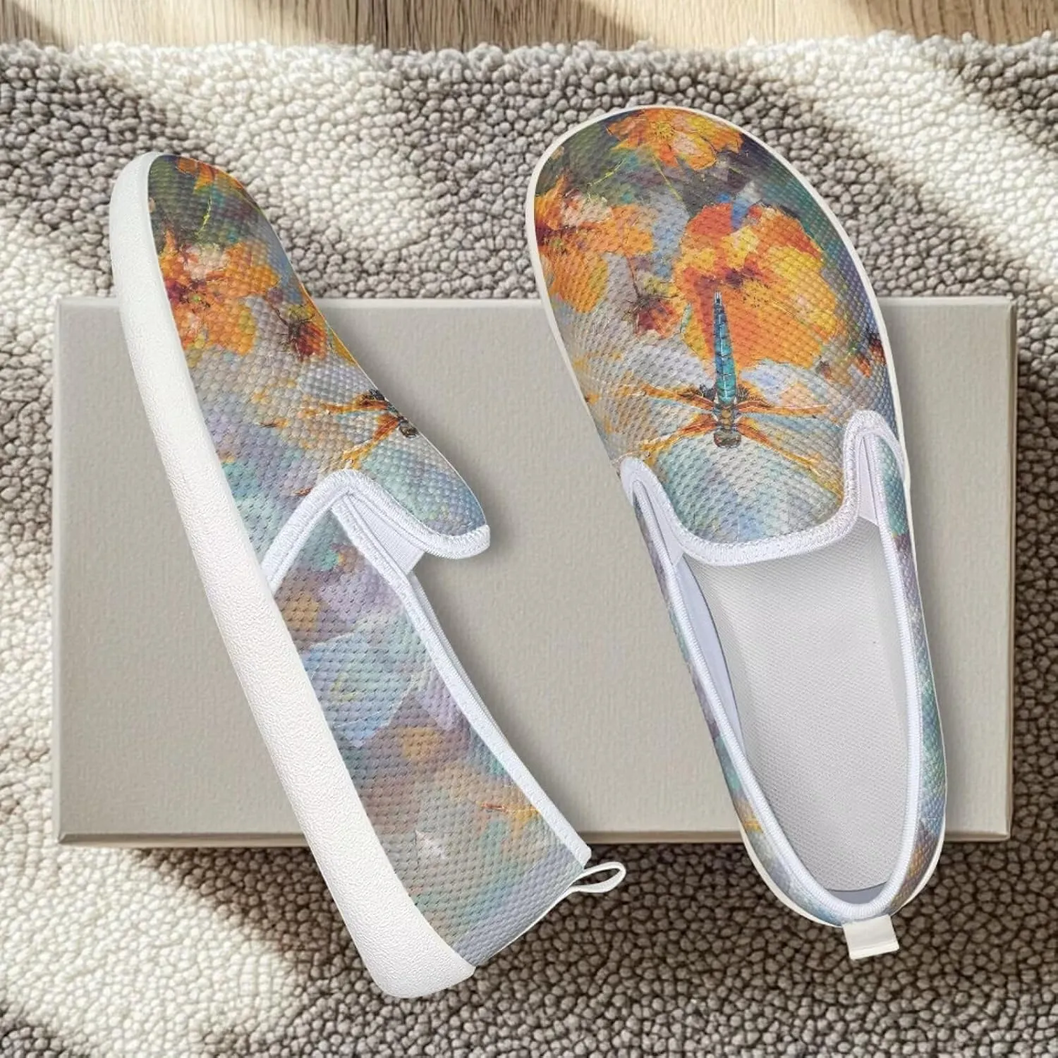 Womens Dragonfly Print Walking Flat Shoes Mesh Hiking Loafer Wide Toe Travel Outdoor Leisure Shoes