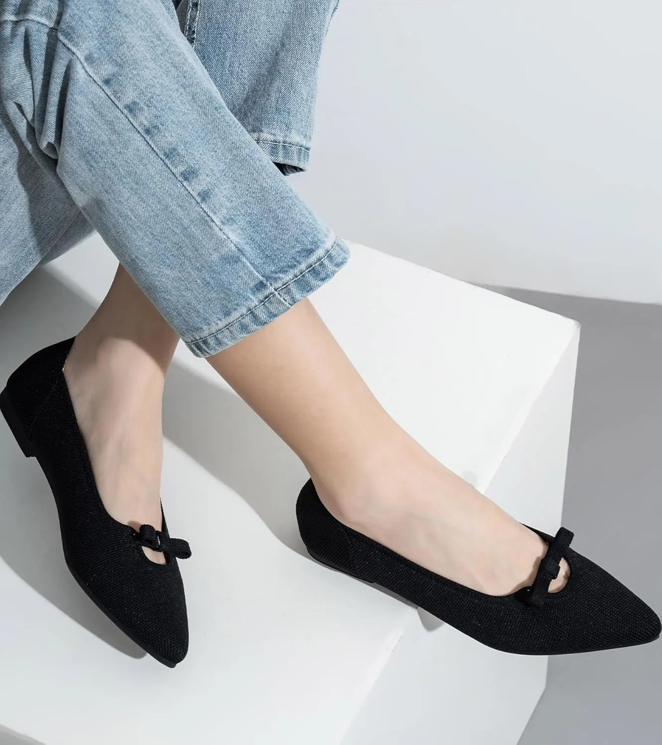 Women's Flats Shoes Comfortable Slip On Shoes Classic Dressy Pointed Toe Bow Knit Ballet Flat