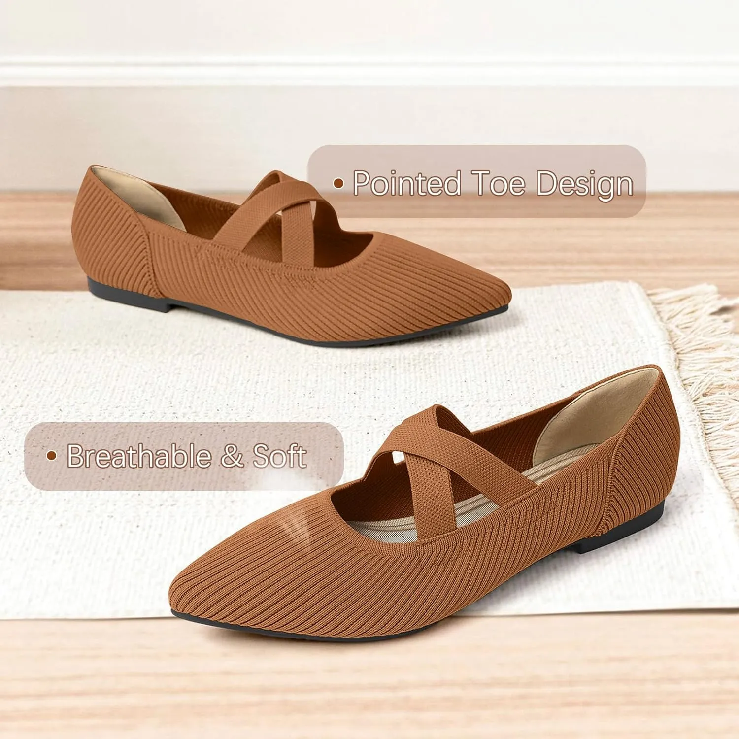 Women's Flats Shoes Pointed Toe Knit Washable Comfortable Dressy Mary Jane Ballet Flat with Strap