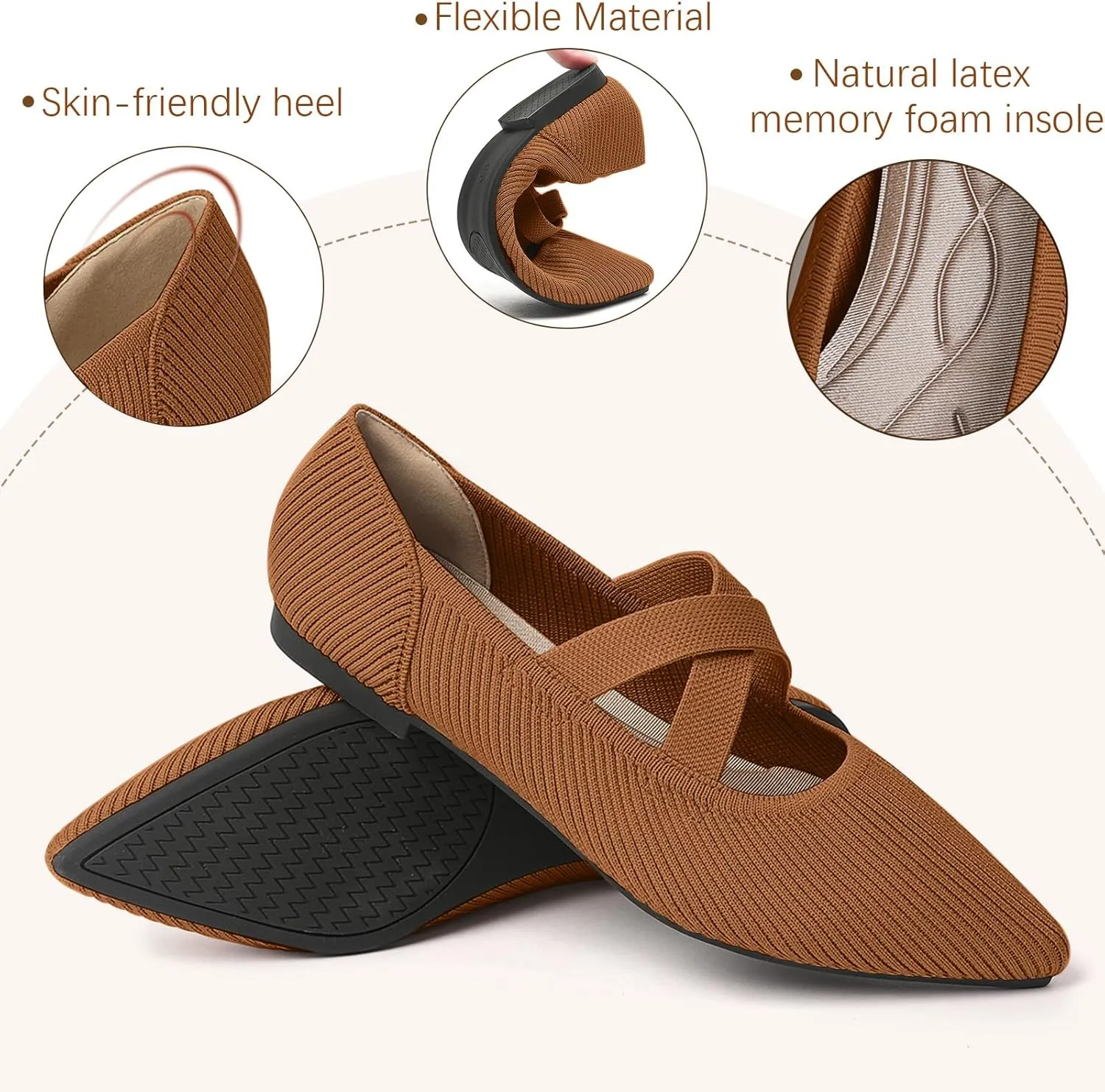 Women's Flats Shoes Pointed Toe Knit Washable Comfortable Dressy Mary Jane Ballet Flat with Strap