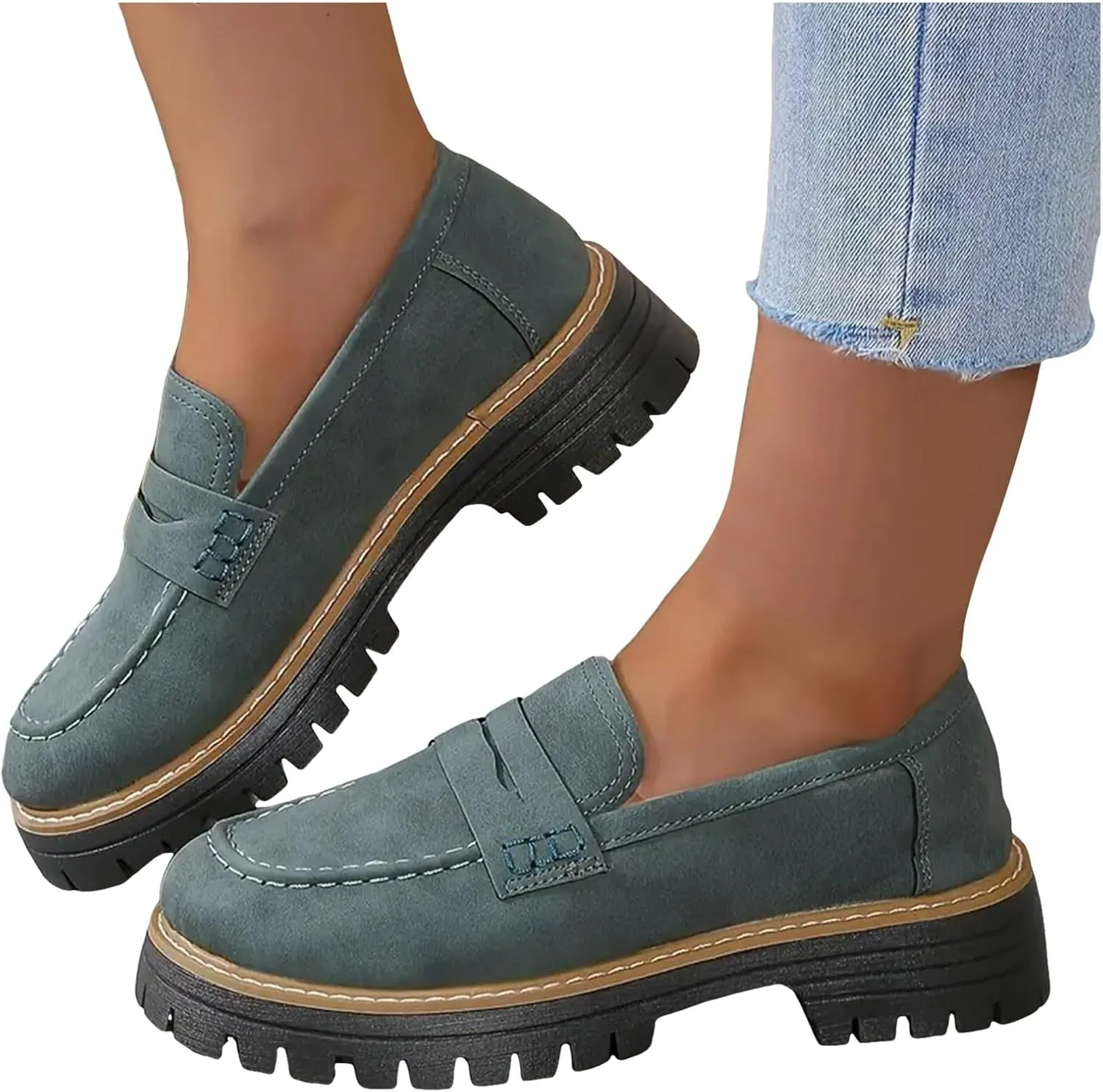 Womens Loafers Platform Chunky Penny Loafer Lug Sole Comfortable Slip On Work Office Business Orthopedic Casual Dressy Shoes Arch Support Round Toe Walking Shoe for Daily Wear