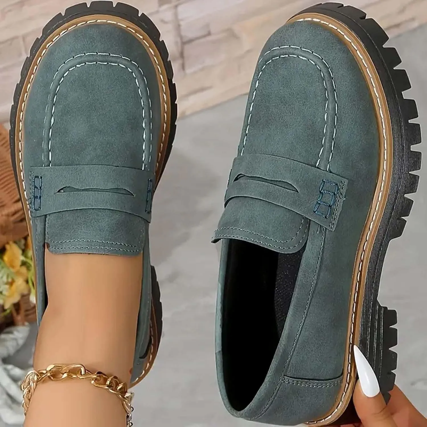 Womens Loafers Platform Chunky Penny Loafer Lug Sole Comfortable Slip On Work Office Business Orthopedic Casual Dressy Shoes Arch Support Round Toe Walking Shoe for Daily Wear