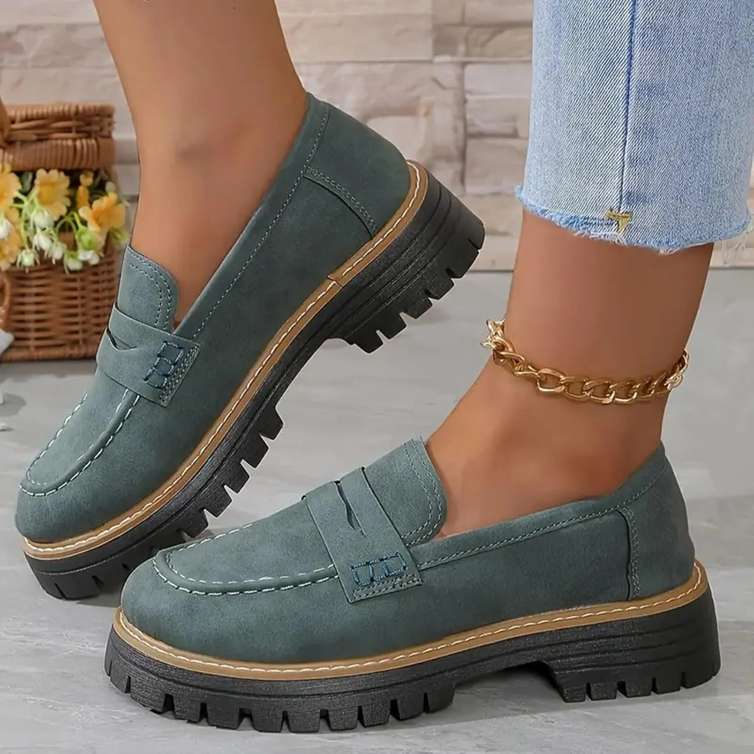 Womens Loafers Platform Chunky Penny Loafer Lug Sole Comfortable Slip On Work Office Business Orthopedic Casual Dressy Shoes Arch Support Round Toe Walking Shoe for Daily Wear