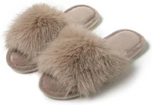 Women's Memory Foam Plush Faux Fur Lined Fuzzy Slide Open Toe Fluffy Slippers Indoor Outdoor Slip On Sandal Multicolor House Shoes