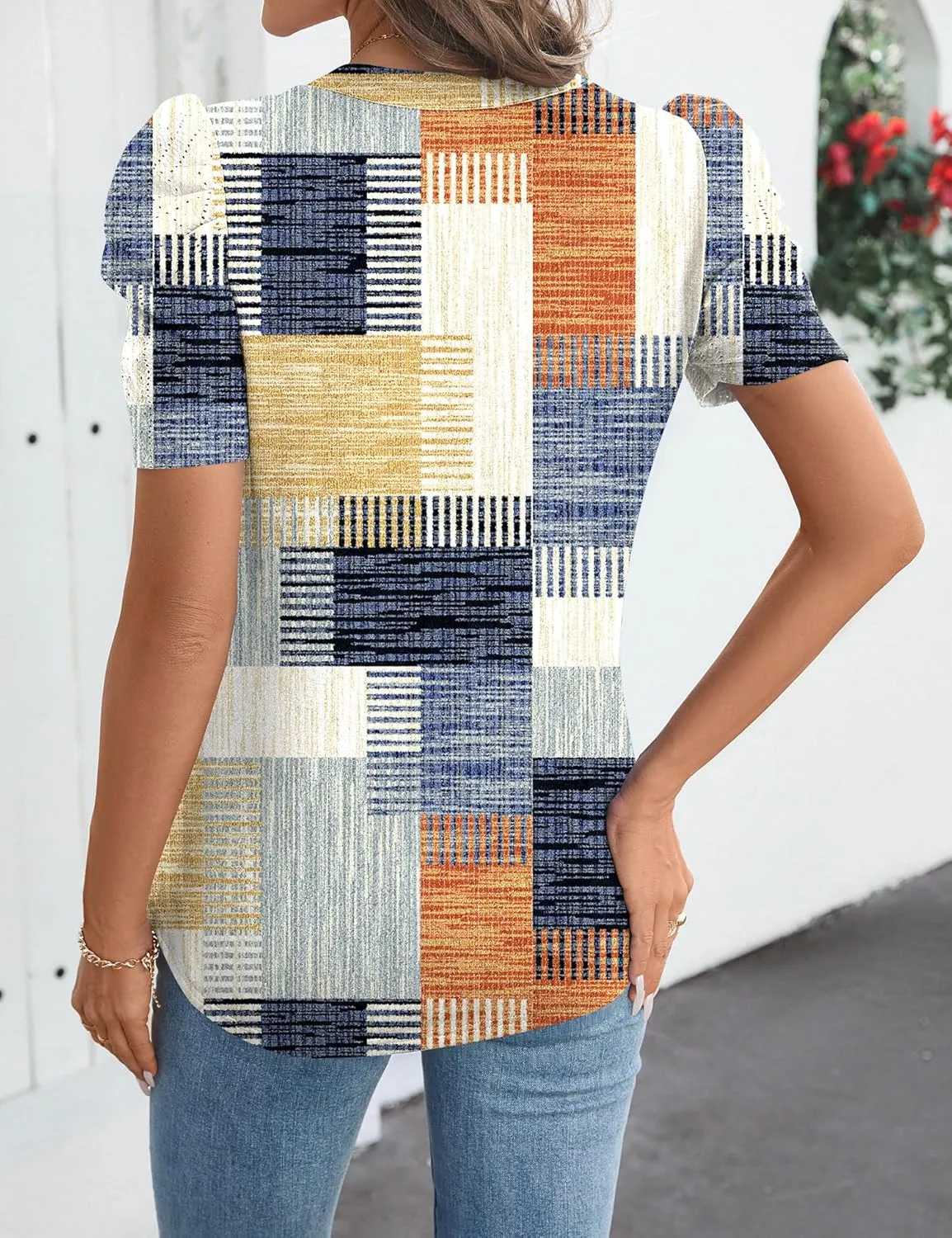 Women's Puff Short Sleeve Shirt V Neck Summer Tops Casual Fashion T Shirts Loose Fit Blouses