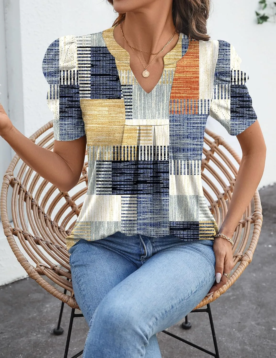 Women's Puff Short Sleeve Shirt V Neck Summer Tops Casual Fashion T Shirts Loose Fit Blouses