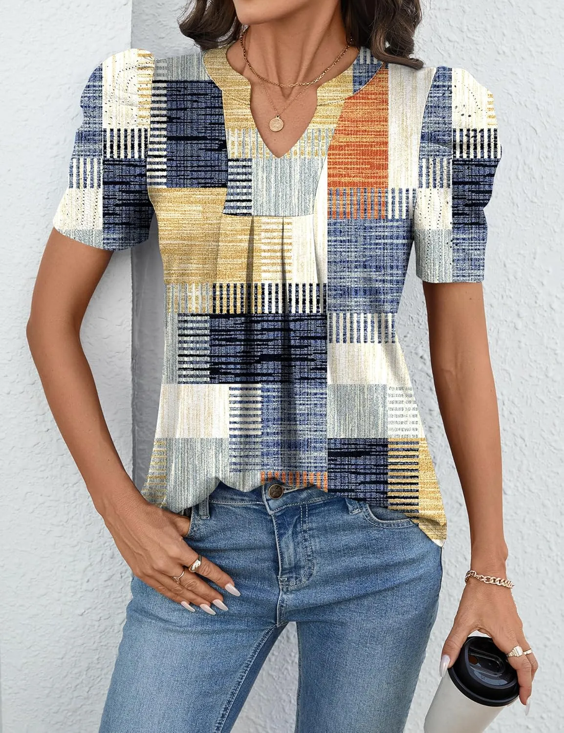 Women's Puff Short Sleeve Shirt V Neck Summer Tops Casual Fashion T Shirts Loose Fit Blouses