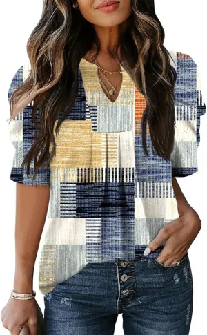 Women's Puff Short Sleeve Shirt V Neck Summer Tops Casual Fashion T Shirts Loose Fit Blouses