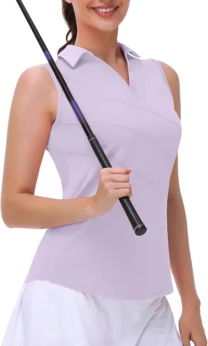 Womens Sleeveless Golf Polo Shirts Collared V Neck Tank Tops Moisture Wicking Tennis Workout Clothes Quick Dry