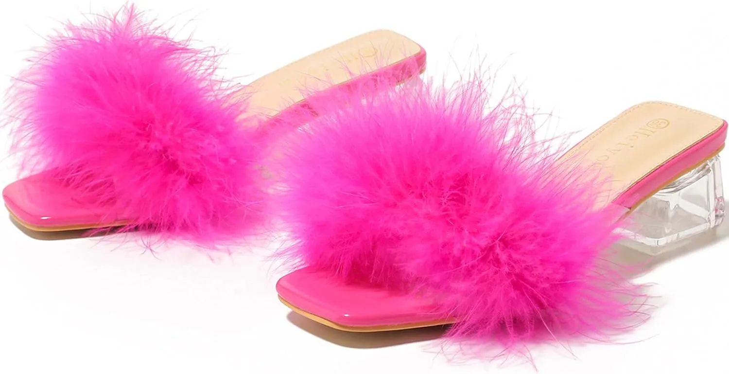 Women's Square Toe Heeled Sandals Low Block Chunky Heels Clear Mules Fluffy Feather Slip on Wedding Bridal Party Dress Shoes