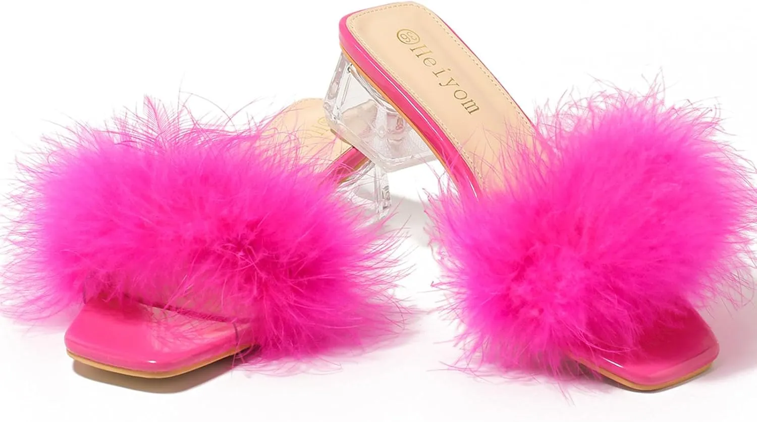 Women's Square Toe Heeled Sandals Low Block Chunky Heels Clear Mules Fluffy Feather Slip on Wedding Bridal Party Dress Shoes