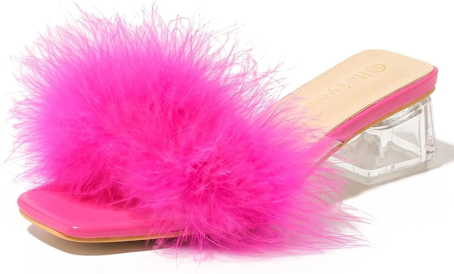 Women's Square Toe Heeled Sandals Low Block Chunky Heels Clear Mules Fluffy Feather Slip on Wedding Bridal Party Dress Shoes